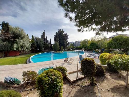 a large swimming pool in a yard with trees at Comfortable and Ideally Situated in Paphos