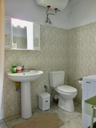 a bathroom with a toilet and a sink at Quiet Mountain View Retreat Helicon, Kyriaki in Kiriákion