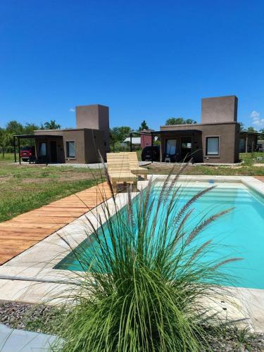 a house with a palm plant next to a swimming pool at Cabañas PxA in Villa Anizacate