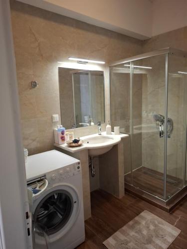 a bathroom with a washing machine and a sink at KATHRIN APPARTS in Alepou