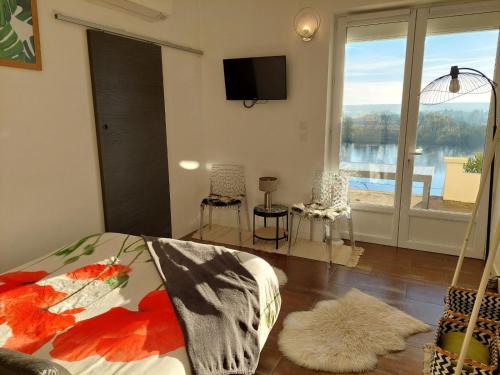 a living room with a bed and a large window at Gite Spa Zen 2 in Blois