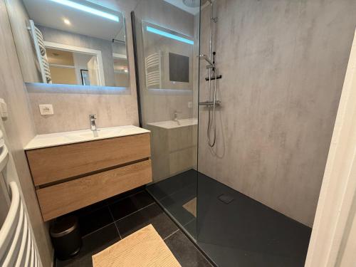 a bathroom with a shower and a sink and a mirror at Beachday II - Opkuis inbegrepen in de prijs - Garagebox inbegrepen in Nieuwpoort