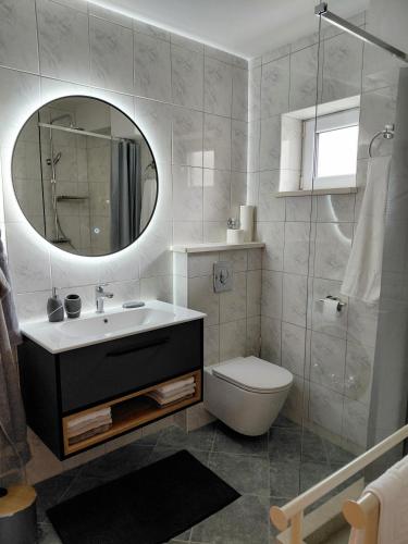 ein Badezimmer mit Waschbecken, Toilette und Spiegel in der Unterkunft Joy4You in Čilipi