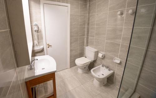 a bathroom with a toilet and a sink and a shower at Tolkeyen Ushuaia Hotel in Ushuaia