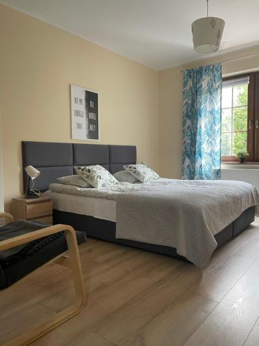a bedroom with a large bed and a window at Apartamenty Buczyna w Sierakowie in Sieraków