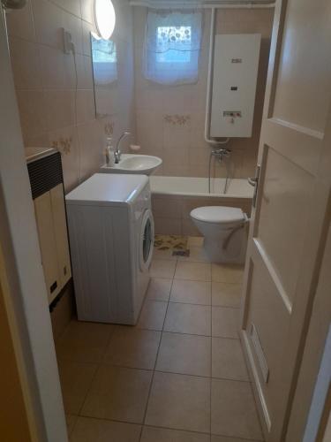 a bathroom with a sink and a washing machine at Ráday Apartman in Hajdúszoboszló