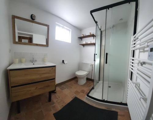 a bathroom with a shower and a sink and a toilet at La Petite Rochette in Chédigny