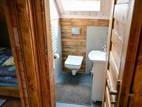 a small bathroom with a toilet and a sink at Domki Markowa Dolina in Rymanów