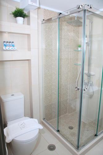 a bathroom with a shower with a toilet at G A Suites Maisonettes in Skala in Skala