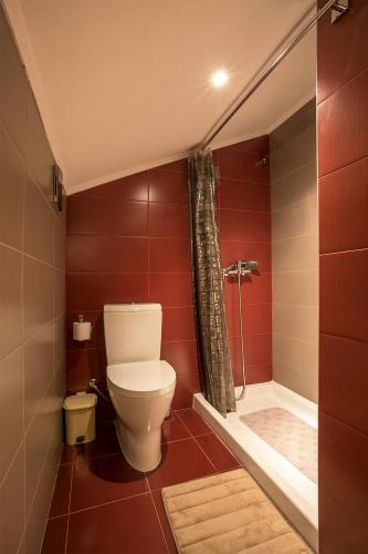 a red bathroom with a toilet and a shower at Casa da Monservia in Sintra