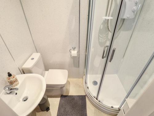 a bathroom with a shower and a toilet and a sink at Sorrento in Mablethorpe