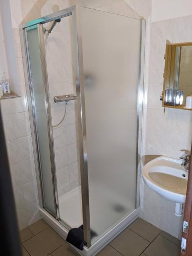 a bathroom with a shower and a sink at Na Černém potoce in Rokytnice nad Jizerou