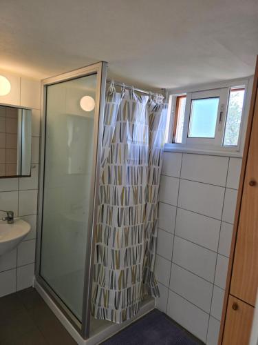 a bathroom with a shower and a sink at Elias Apartment in Kissonerga