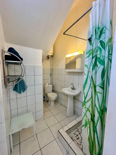 a small bathroom with a toilet and a sink at Studio Café & Studio Cacao in Îlet à Christophe