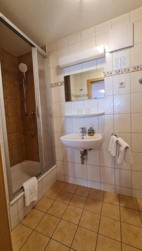 a bathroom with a sink and a shower at Gästezimmer Stadtmitte im EG in Bad Schandau