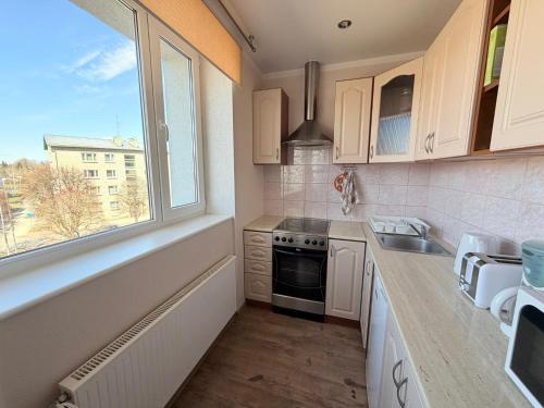 a small kitchen with a sink and a window at Kesk Central Apartment in Valga