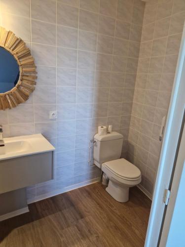 a bathroom with a toilet and a sink and a mirror at Relais du méne in Collinée