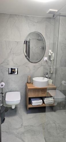 a bathroom with a sink and a mirror at Vila CLASS in Vatra Dornei