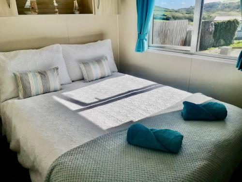 a bedroom with a bed with two pillows on it at Newquay Bay Resort pet friendly sleeps 6 WiFi in Newquay
