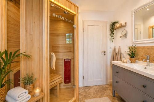 a bathroom with a shower with a sink and a mirror at Kapitänshaus Sellin mit Sauna und Kamin in Ostseebad Sellin