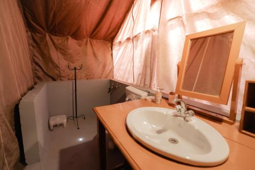 a bathroom with a sink and a mirror and a shower at Zero Degree Camps in Joshīmath