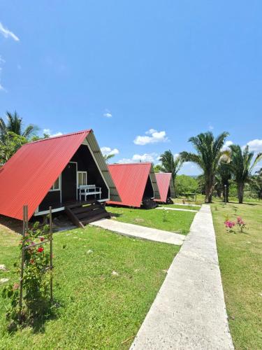 a row of houses with red roofs and a pathway at Cabañas Villa Aurora in Campamento