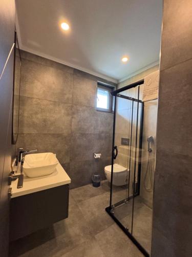 a bathroom with a shower and a sink and a toilet at Albera Villas in Kemer