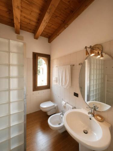 a bathroom with a sink and a toilet and a mirror at Storico appartamento con parco in Sanguinetto