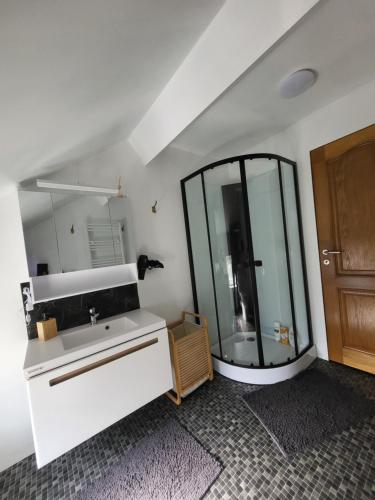 a bathroom with a sink and a large mirror at Chez Toi Ailleurs - Dinant in Dinant