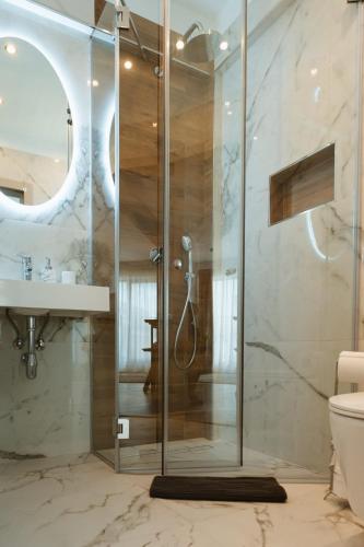 a bathroom with a shower and a sink at Gate67 in Otopeni