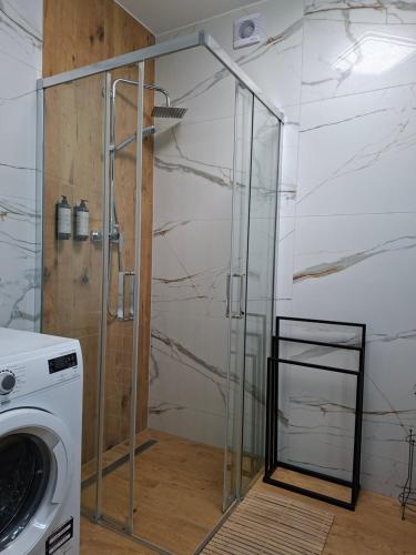 a glass shower in a bathroom with a washing machine at Apartament 3 - OpolskieNoclegi in Krapkowice