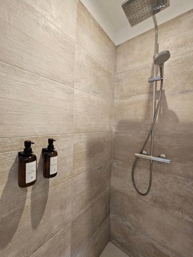 a bathroom with two bottles of soap in a shower at L'Écrin Manceau Élégance, Sérénité & Confort in Le Mans