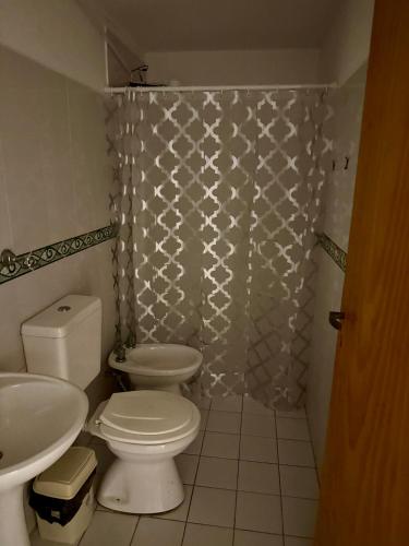 a bathroom with a toilet and a shower curtain at Alojamiento En Resistencia Chaco in Resistencia