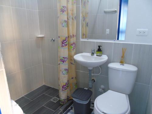 a small bathroom with a toilet and a sink at Vista Farallones Hostel in Jardin