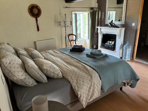 a bedroom with a bed with pillows and a fireplace at La Grange aux coccinelles in Saint-Martin-des-Fontaines