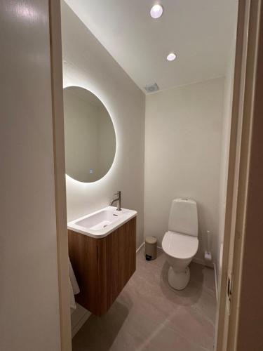 a bathroom with a toilet and a sink and a mirror at Strömstad/Stromstad close to the sea in Strömstad