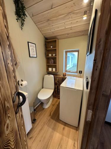 a small bathroom with a toilet and a sink at Hoofprints Farm stay in Fludir