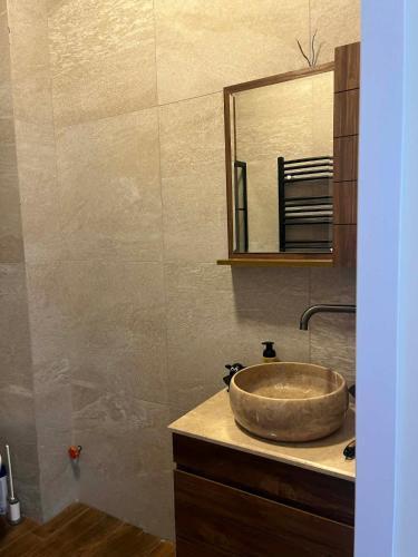 a bathroom with a sink and a mirror at TelaValley Residence in Shalauri