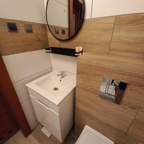 a bathroom with a sink and a mirror at Akwen in Rewal