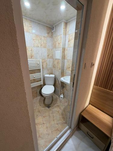 a small bathroom with a toilet and a sink at Teo's Guest House in Dospat