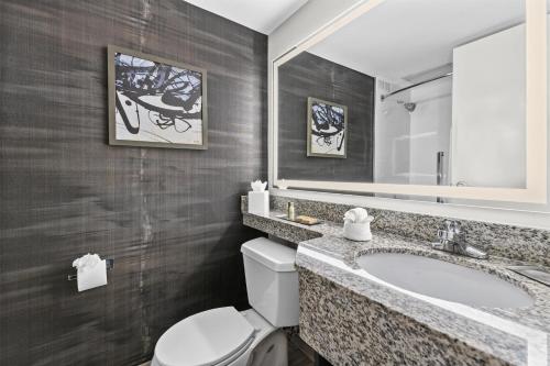 a bathroom with a sink and a toilet and a mirror at DoubleTree by Hilton Raleigh Midtown, NC in Raleigh