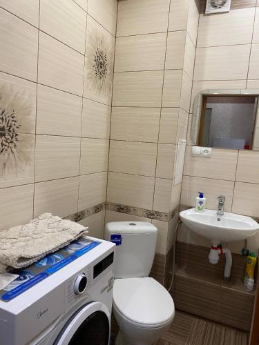 a bathroom with a washing machine and a sink at Апарт Отель Элин in Svalyava