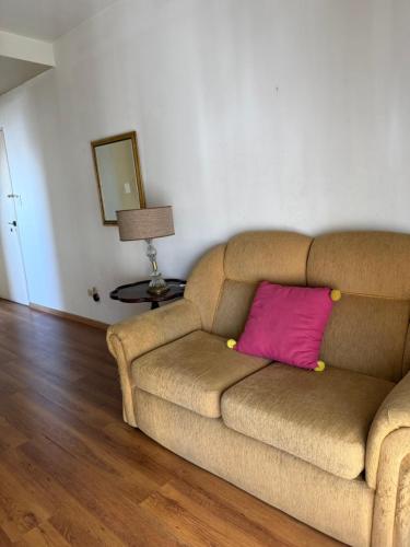 a couch with a pink pillow in a living room at Depto calle 51 in La Plata