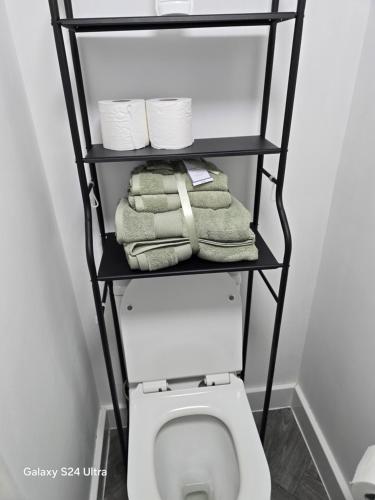 a towel rack with a toilet in a bathroom at Best room in Birmingham