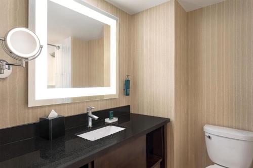 a bathroom with a sink and a mirror and a toilet at Doubletree By Hilton Pointe Claire Montreal Airport West in Pointe-Claire