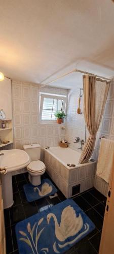 a bathroom with a bath tub and a toilet and a sink at Apartmani Fico II in Sveti Stefan