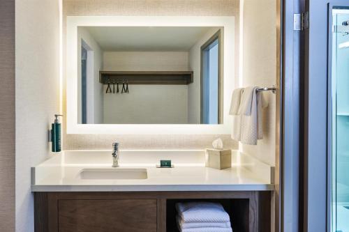 a bathroom with a sink and a mirror at Doubletree by Hilton Buena Park in Buena Park