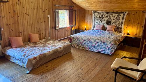 a bedroom with two beds in a wooden cabin at Chalet paisible dans les Cévennes avec sauna privé in Dourbies