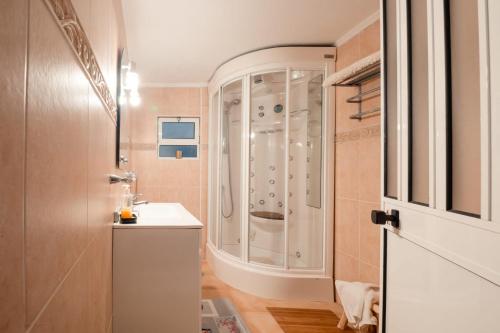 a bathroom with a shower and a sink at Casa Da Maria - Villa with Private Pool and Barbecue in Fonte do Bispo