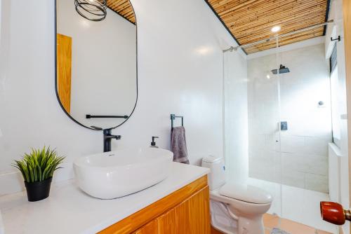 a bathroom with a sink and a mirror and a toilet at Casa Campestre, la Mesa, Vía San Joaquín in La Mesa